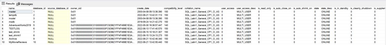 sys.databases results