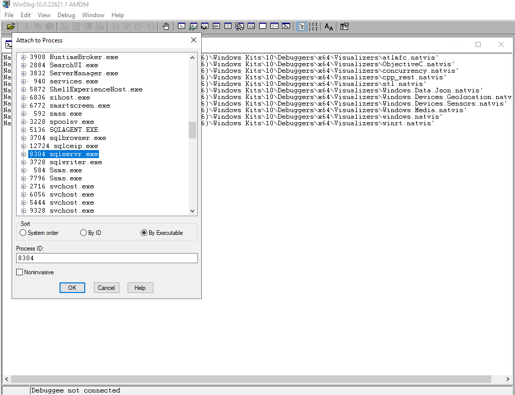Freeze SQL service manually using WinDbg